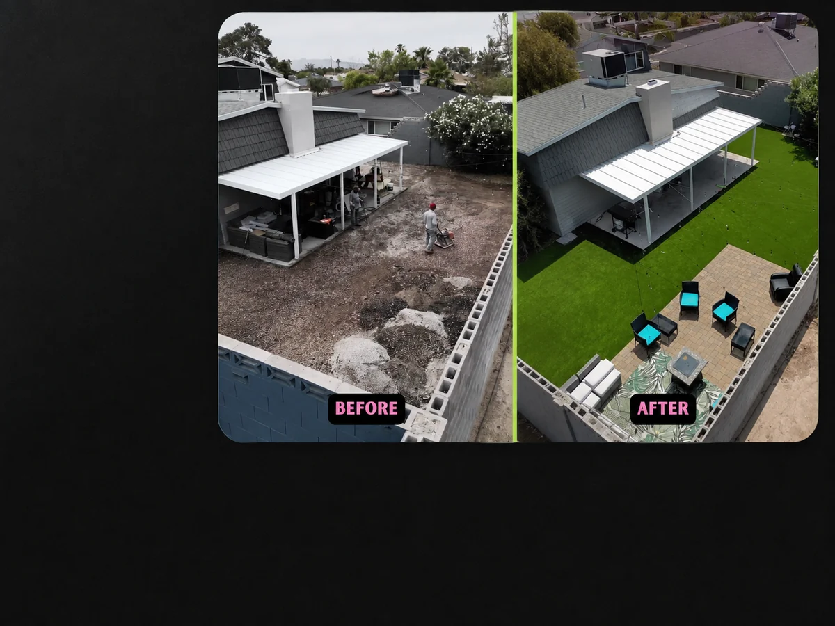 Before and after aerial views of a backyard artificial turf installation by Big Bully Turf.