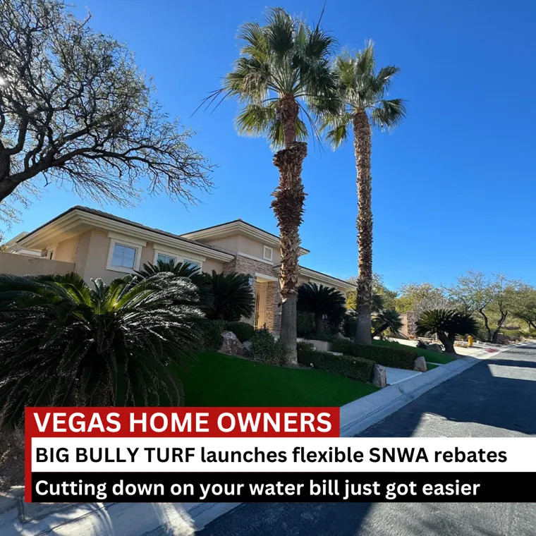 City-specific news-flash advertising static for Las Vegas homeowners announcing flexible SNWA rebates from Big Bully Turf.