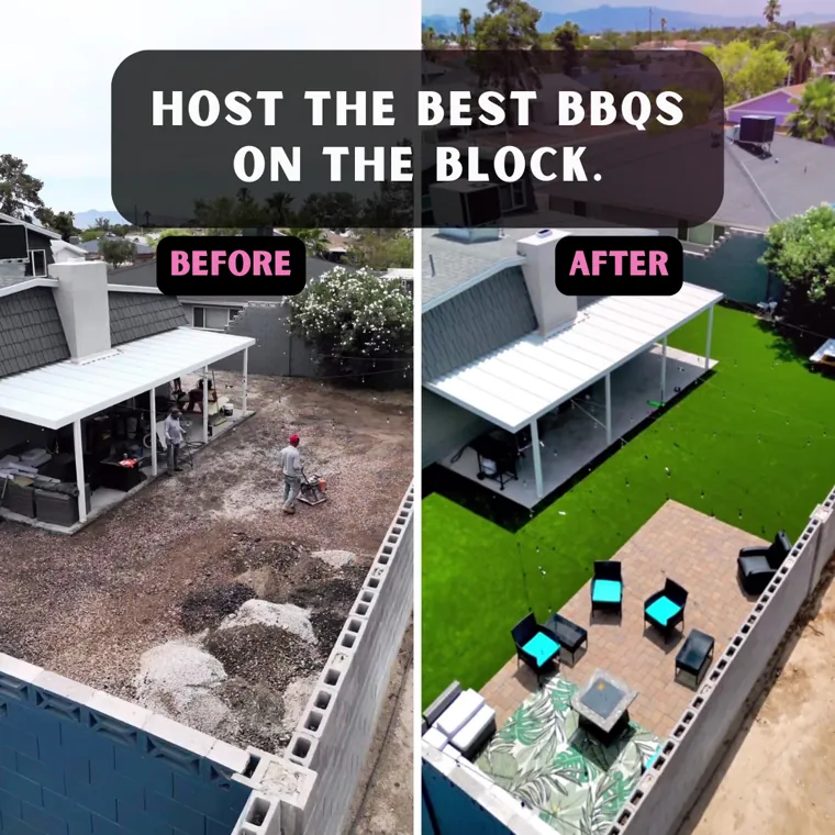 Aerial before and after advertising static of a Las Vegas backyard finished in artificial turf, headed Host the best BBQs on the block.