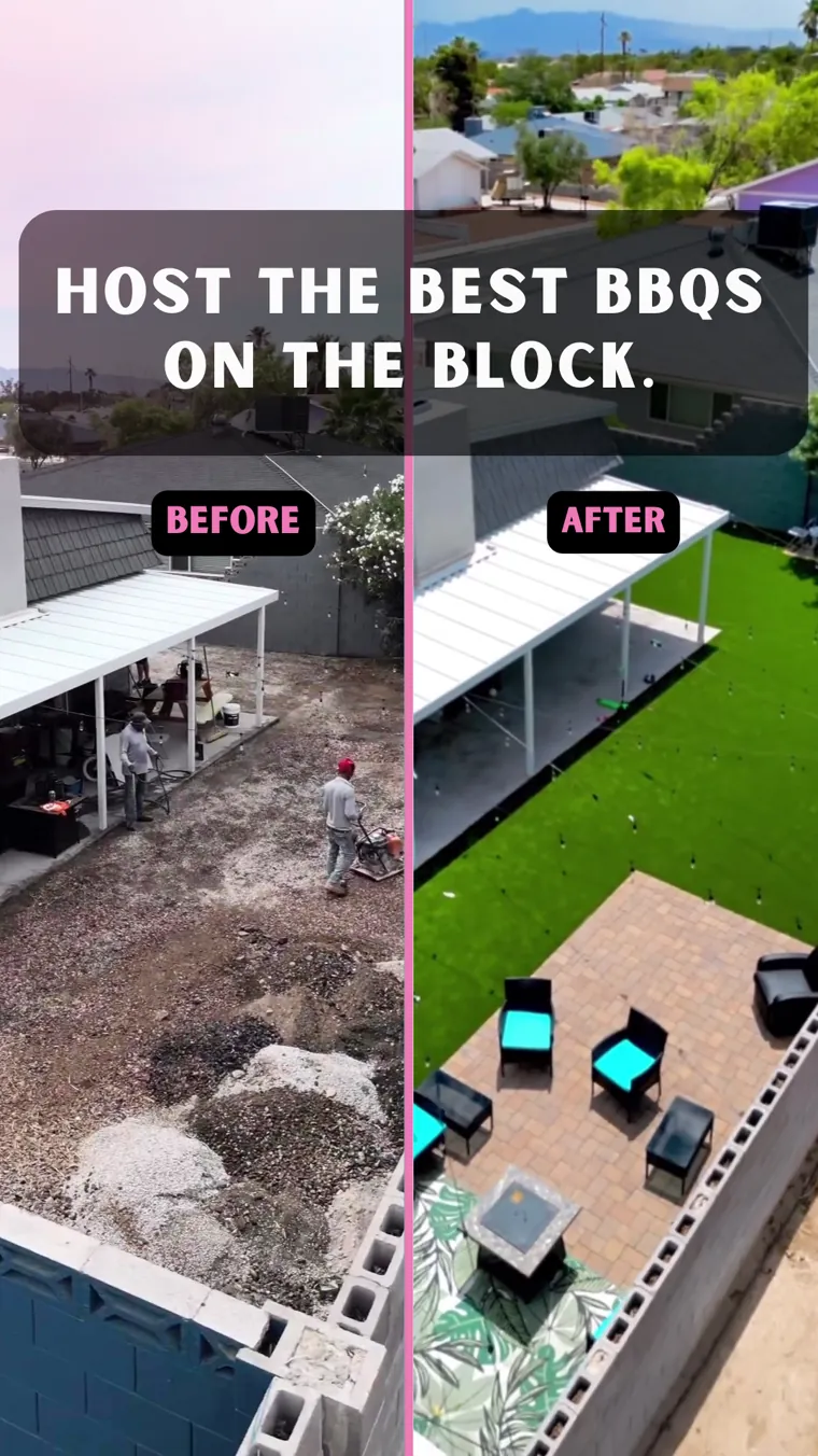 Vertical before and after advertising creative for a Big Bully Turf backyard installation.