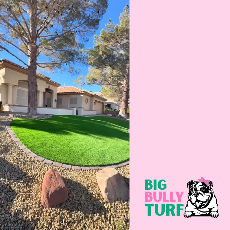 The reveal frame of the Big Bully Turf carousel: the same front yard finished in artificial turf, with the Big Bully Turf bulldog mark.