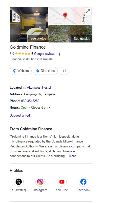 The completed Goldmine Finance Google Business Profile showing a five star rating, reviews, category, address, hours and linked social profiles.