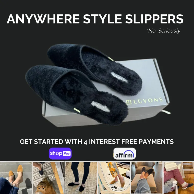 Luvons product static advertising the slippers as anywhere-style footwear.