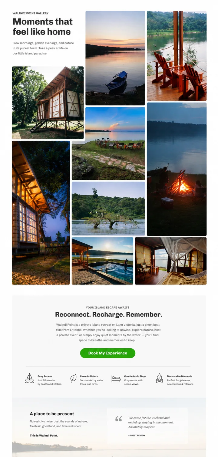 The Walindi Point gallery page built by Spark Ink, showing the property and the experiences available on it.