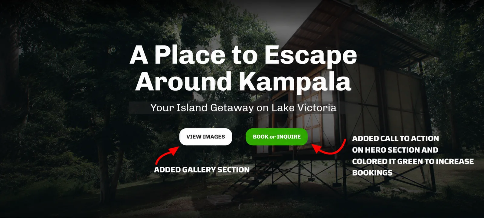 The rebuilt Walindi Point website hero, annotated to show the new primary booking call to action and the secondary gallery call to action.