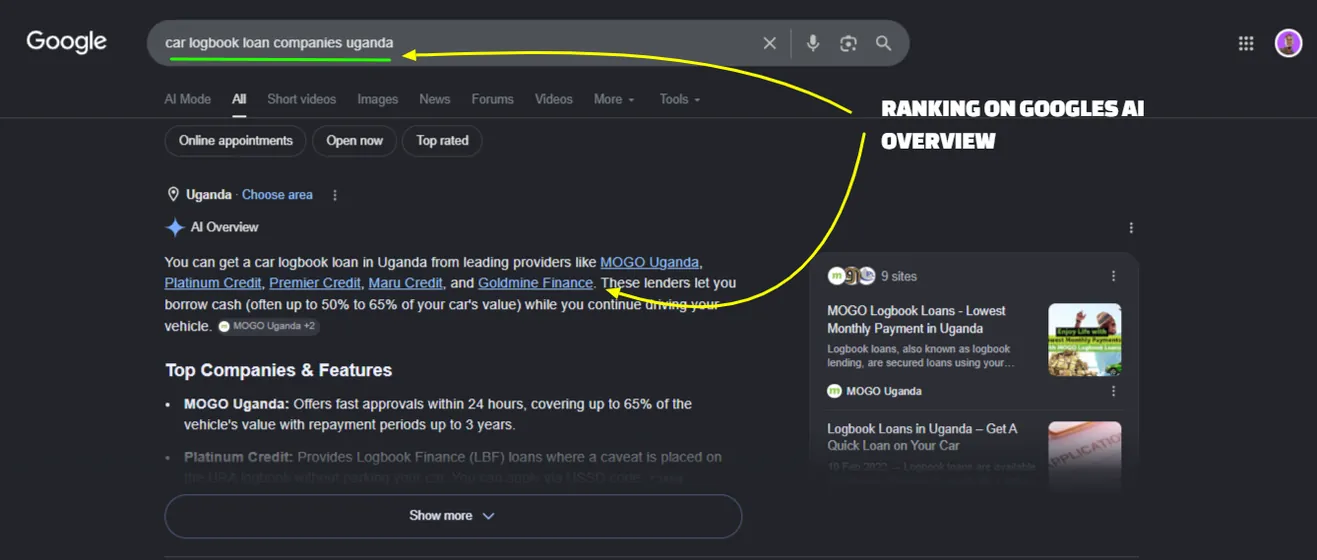 Goldmine Finance cited in a Google AI Overview for car logbook loans in Uganda.