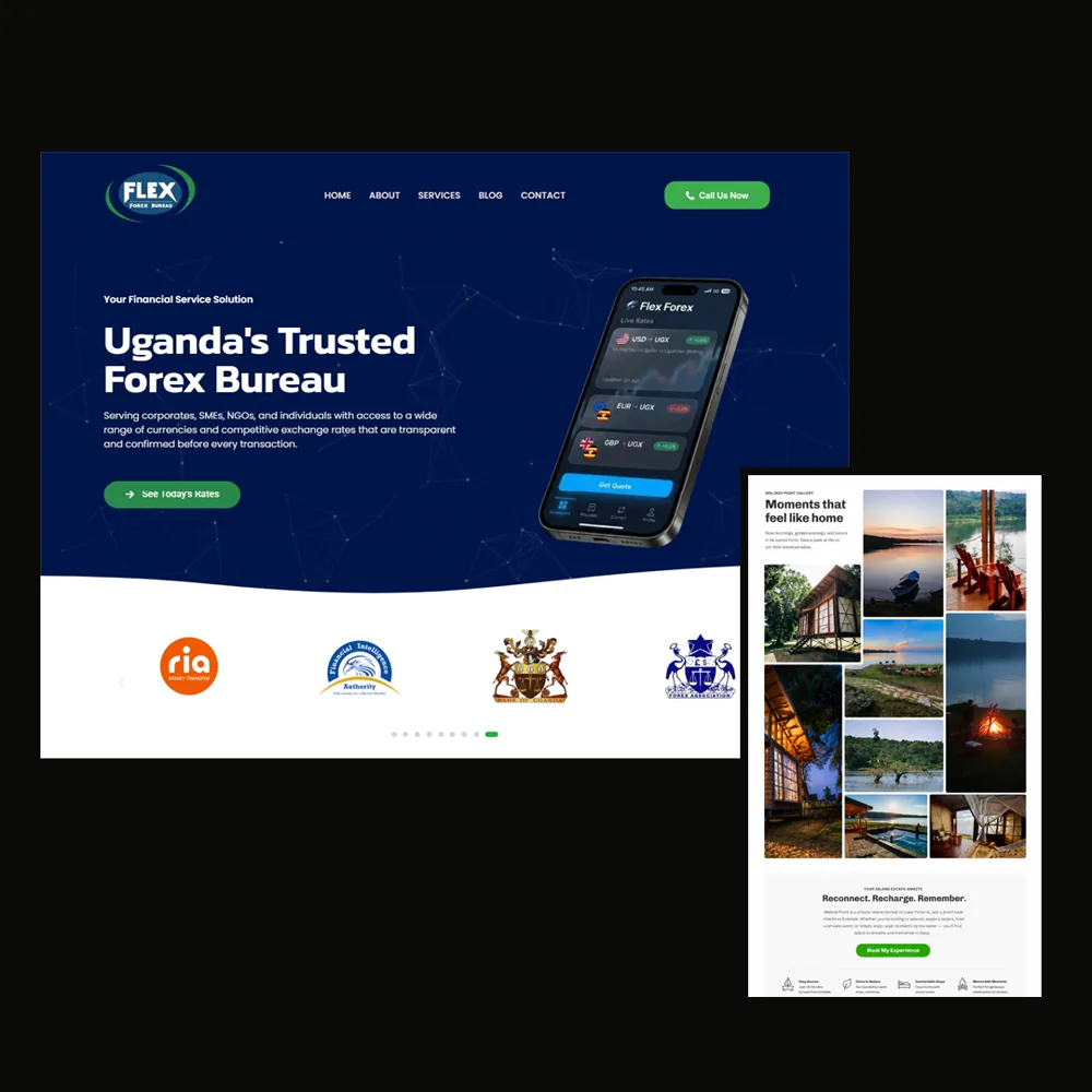 The Flex Forex Bureau homepage and the Walindi Point gallery page built by Spark Ink.